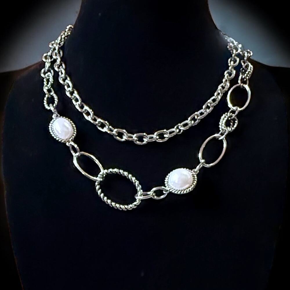 Vintage Premier Design Statement Necklace Womens Silver Tone Link and Bead 39”